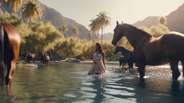 Jeune femme latine montant un cheval avec les montagnes verdoyantes qui l'entourent