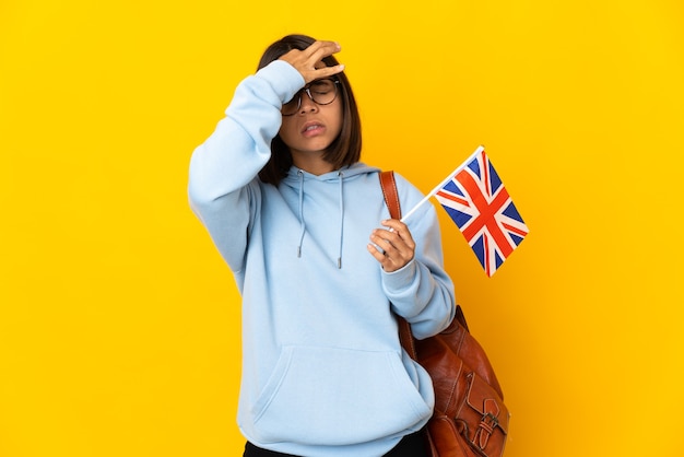 Jeune femme latine tenant un drapeau du Royaume-Uni isolé sur fond jaune avec des maux de tête