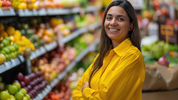 Photo une jeune femme latino-américaine, directrice d'une épicerie ou acheteuse, souriant à la caméra avec un sourire denté.