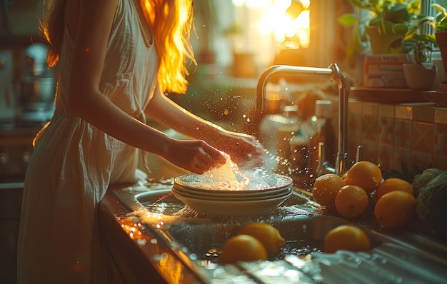 Une jeune femme lave la vaisselle dans l'évier de la cuisine.