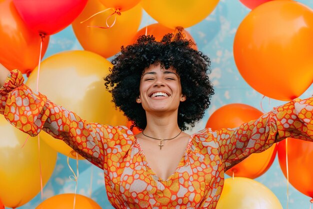 Photo une jeune femme libérant joyeusement des ballons colorés dans un ciel bleu clair l'essence de la liberté et