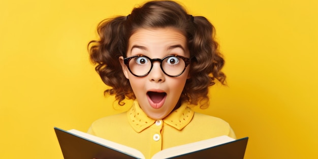 Jeune femme lire étonné livre école d'éducation fille cheveux femme belle étudiante étude