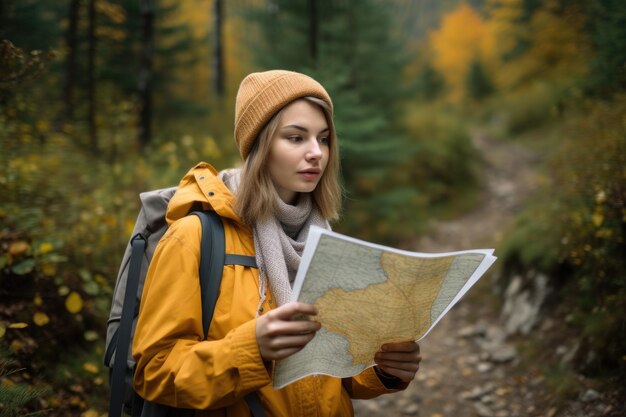 Une jeune femme lisant une carte lors d'une randonnée créée avec une IA générative