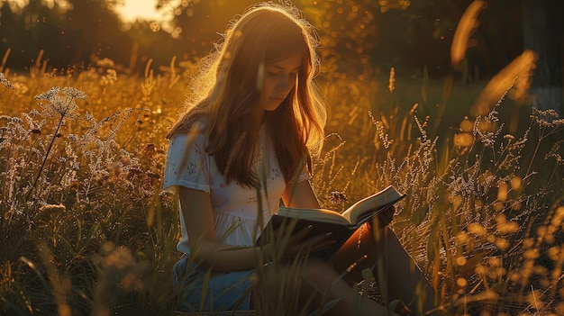 Jeune femme lisant un livre dans le pré au coucher du soleil