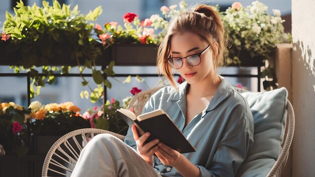 Photo une jeune femme lisant un livre électronique.