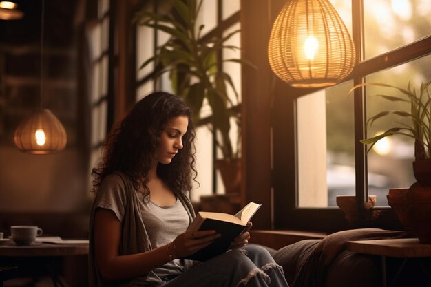 Une jeune femme lit un livre dans un café confortable avec de grandes fenêtres