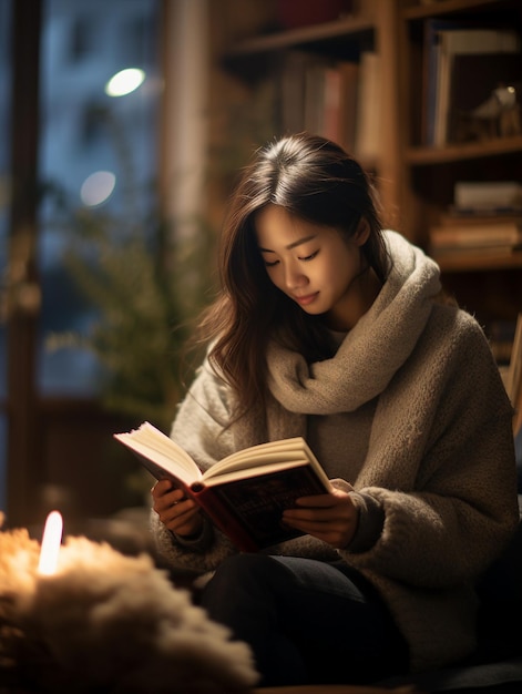 Une jeune femme lit un livre dans le salon la nuit.