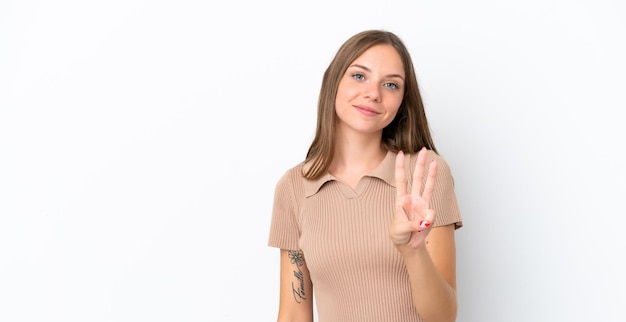 Jeune femme lituanienne isolée sur fond blanc heureuse et comptant trois avec les doigts