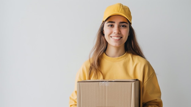 Une jeune femme de livraison heureuse en uniforme jaune debout avec une boîte postale de colis isolée sur un fond gris