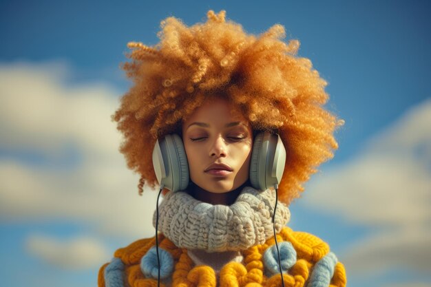 Jeune femme lofi portant des écouteurs et des vêtements d'hiver colorés avec un fond de ciel