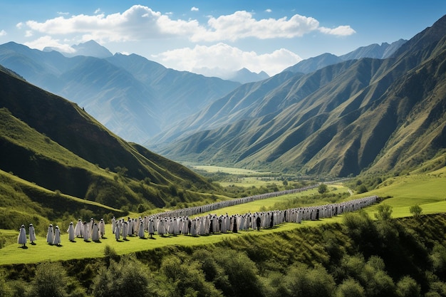 Une jeune femme en longue robe se tient sur le pré et regarde les montagnes.