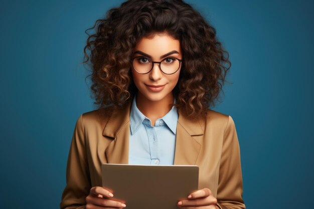 Jeune femme avec loupe et tablette sur fond bleu