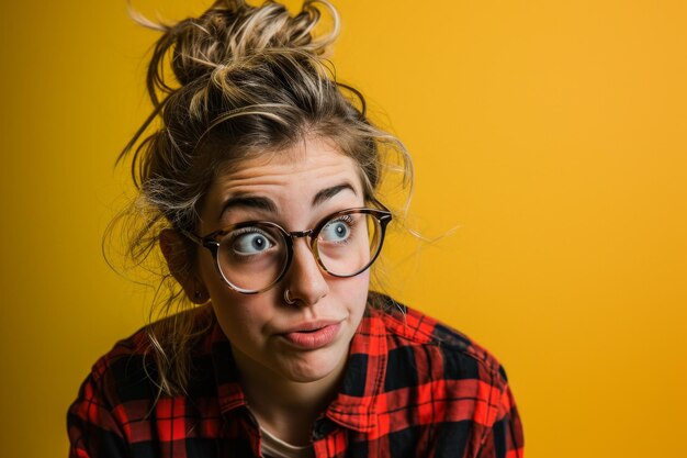 Photo une jeune femme avec des lunettes et une chemise à carreaux rouges