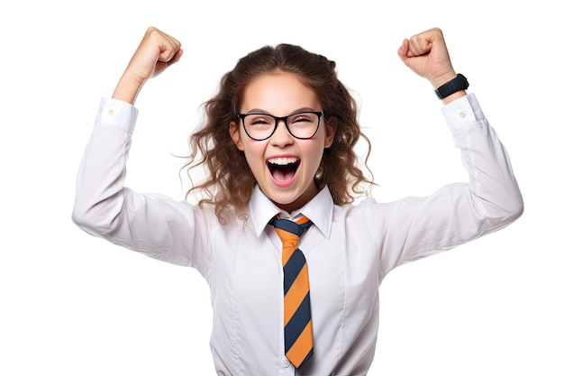 Une jeune femme avec des lunettes et une cravate avec le mot succès dessus