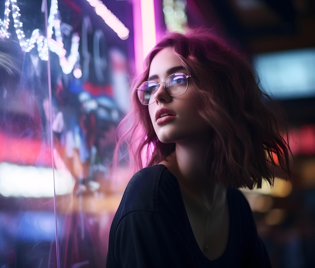 Jeune femme avec des lunettes regardant une enseigne au néon dans le style des tons clairs et sombres contrastés