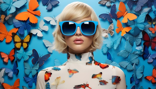 Une jeune femme en lunettes de soleil sur un fond de papillons brillants