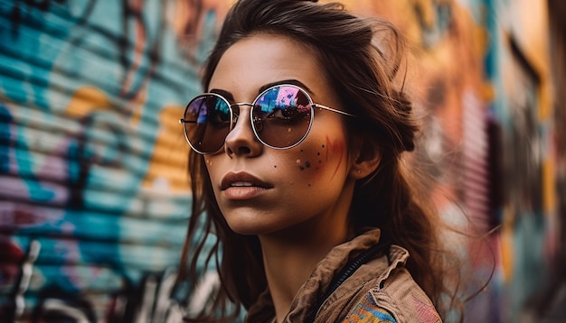 Une jeune femme à lunettes de soleil respire la confiance à l'extérieur générée par l'IA