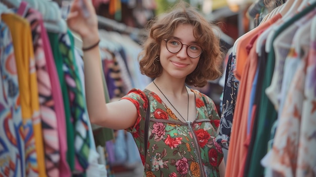 Une jeune femme avec des lunettes souriante en parcourant des vêtements sur un marché en plein air coloré