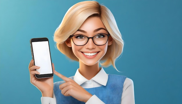 Une jeune femme avec des lunettes et un téléphone portable à la main.