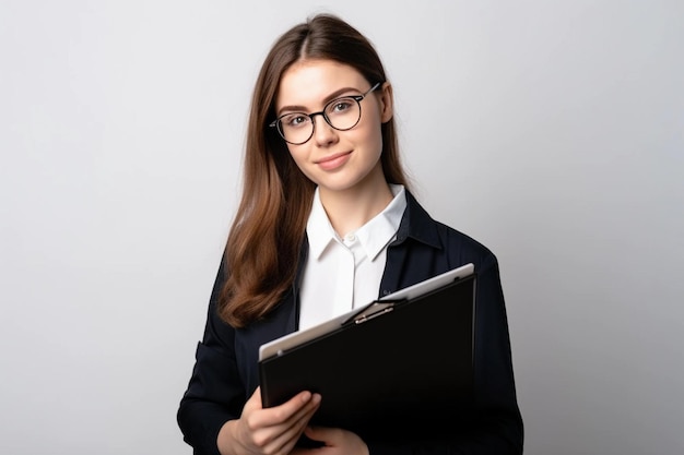 Une jeune femme à lunettes tient un presse-papiers et le mot données est à l'écran.