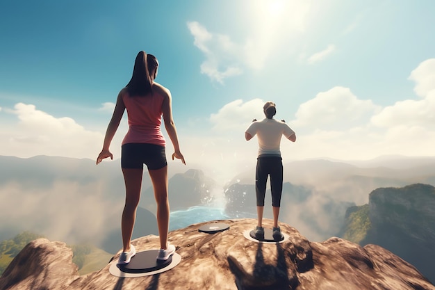 Une jeune femme avec des lunettes VR fait du fitness avec un entraîneur de fitness en réalité virtuelle