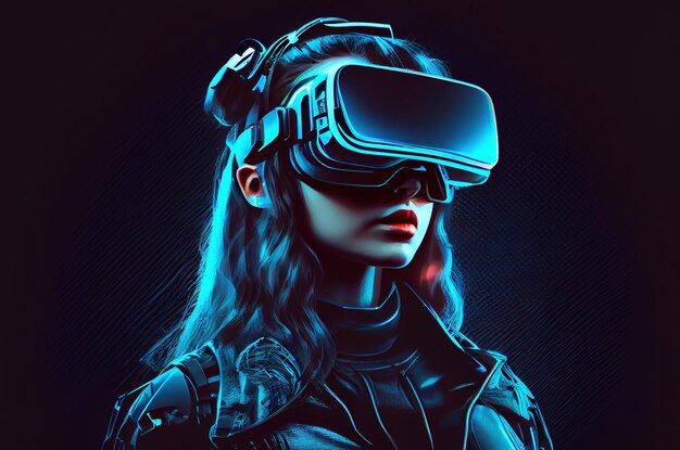 une jeune femme en lunettes VR voyageant à l'intérieur d'un monde informatique virtuel fantastique fait avec l'IA générative