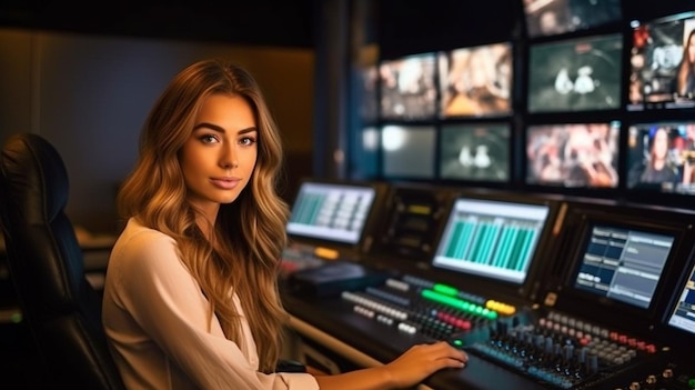 Une jeune femme magnifique qui travaille dans la salle de contrôle de diffusion d'une station de télévision Generative AI