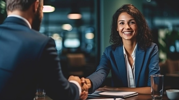 Photo une jeune femme magnifique signe le contrat et serre la main du manager generative ai