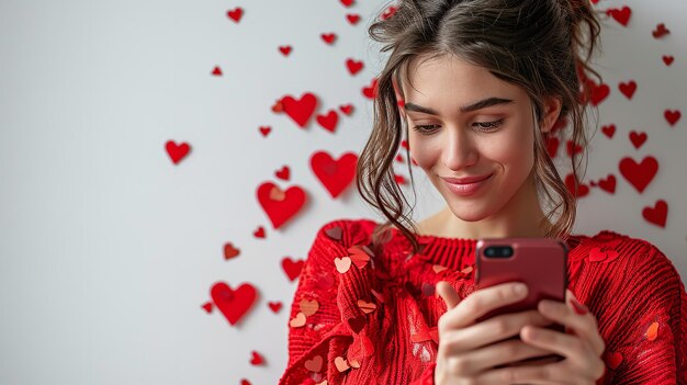 Une jeune femme magnifique avec un smartphone et des confettis en forme de cœur qui tombent.