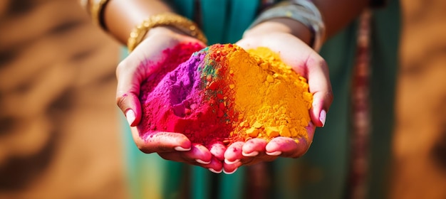 Une jeune femme avec des mains couvertes tenant de la poudre de craie colorée au festival de Holi en gros plan des mains