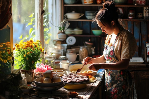 Une jeune femme à la maison dans la cuisine fait des confiseries