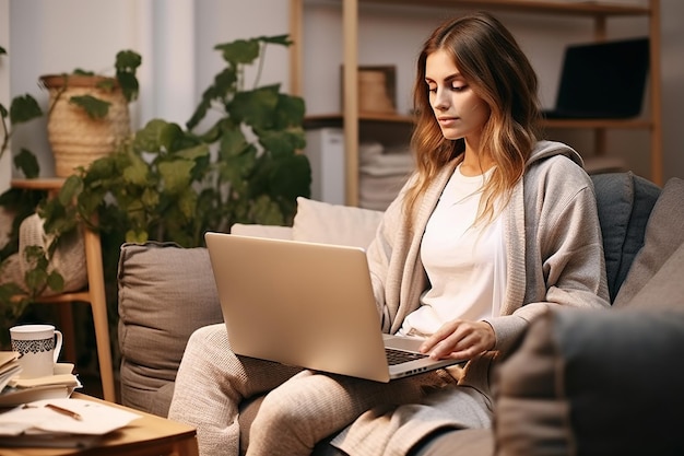Jeune femme à la maison utilisant un ordinateur portable pour parcourir un site de vente au détail en ligne, elle est assise sur un canapé dans son salon confortable, prise de vue par-dessus l'épaule