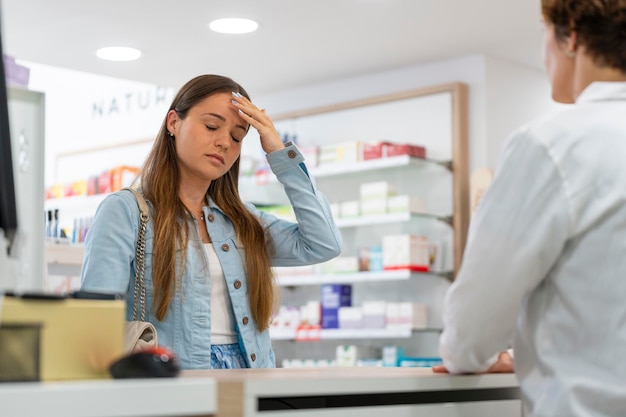 Jeune femme avec un mal de tête dans une pharmacie