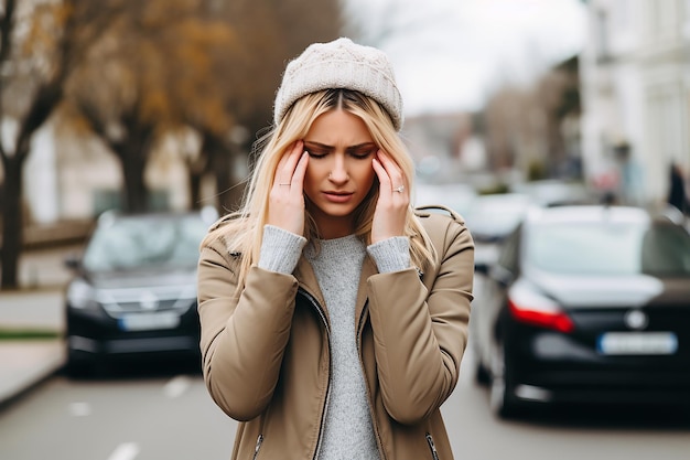 Une jeune femme avec un mal de tête sur le fond de la ville tenant sa tête avec une crise de migraine