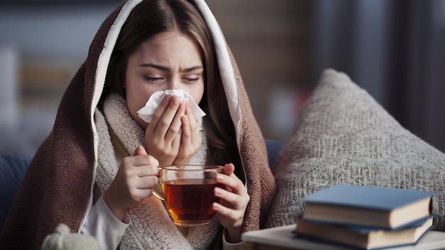 Une jeune femme malade avec un rhume et une grippe qui se souffle le nez.