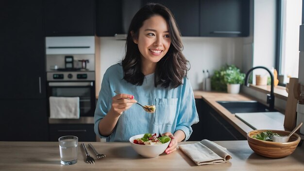 Une jeune femme mange un bol asiatique sain avec du thon et de la salade dans la cuisine moderne de la maison.