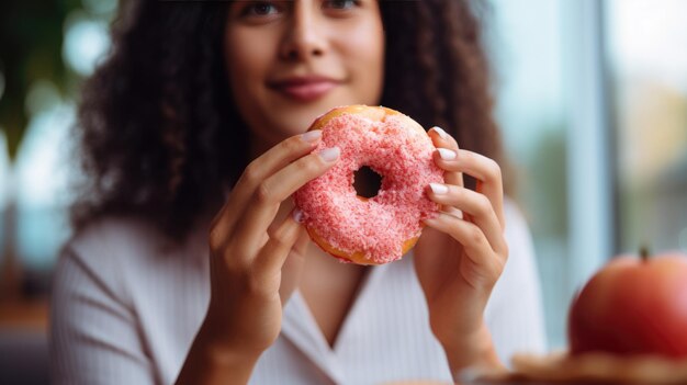 Une jeune femme mangeant un beignet.