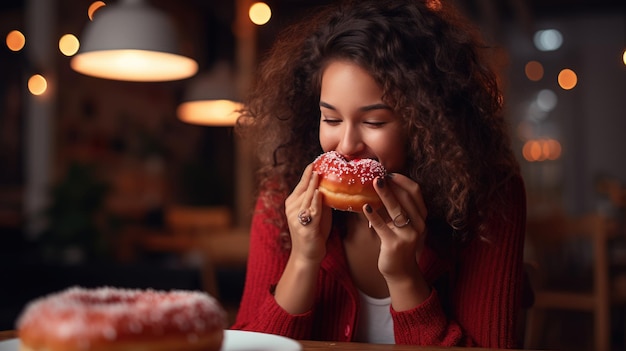 Une jeune femme mangeant un beignet.