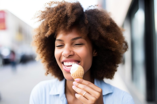 Une jeune femme mangeant un cornet de crème glacée à la vanille créé avec une IA générative