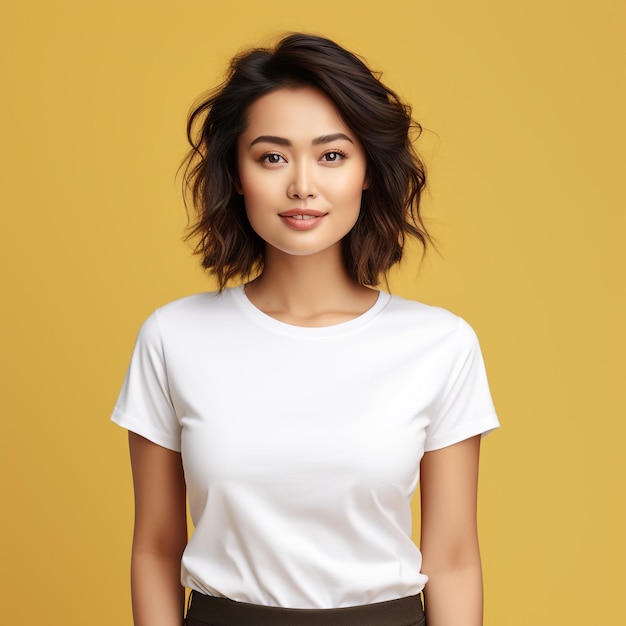 Jeune femme en maquette de T-shirt surdimensionné blanc isolée sur fond blanc avec un tracé de détourage