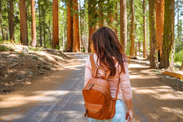 Une jeune femme marche dans le pittoresque parc national de Sequoia USA