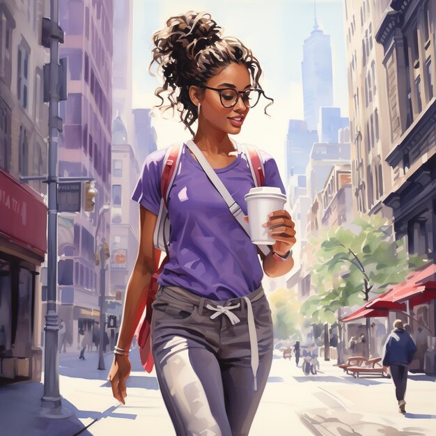Une jeune femme marche dans une rue de la ville en souriant.