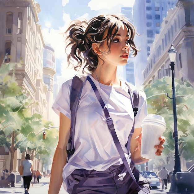 Une jeune femme marche dans une rue de la ville avec une tasse de café à la main
