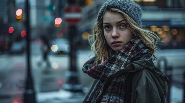 Une jeune femme marche dans les rues d'une ville animée.