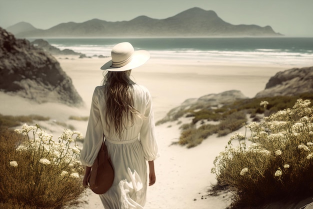 Jeune femme marche sur la plage seule fille vêtue d'une robe blanche au bord de la mer IA générative