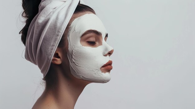 Une jeune femme avec un masque d'argile sur le visage au fond du studio