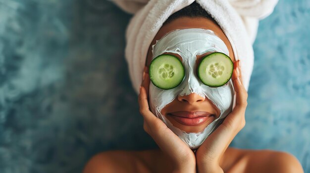 Une jeune femme avec un masque facial et des tranches de concombre sur ses yeux elle sourit et a une expression heureuse sur son visage