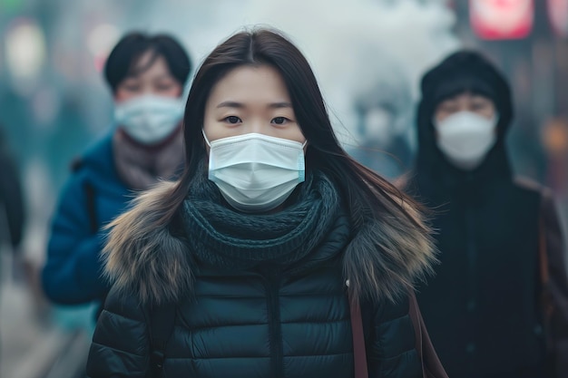 Une jeune femme avec un masque sur une rue bondée