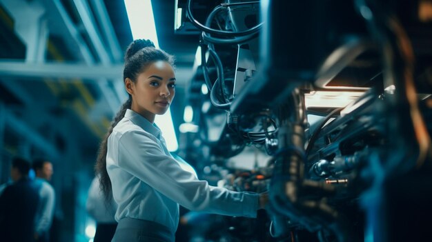 Photo jeune femme mécanicienne dans une usine de mécanismes