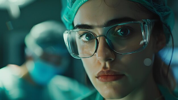 Une jeune femme médecin avec une casquette et un masque au visage à l'intérieur de la salle d'opération